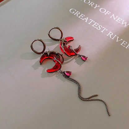 Asymmetrical Red Moon Rose Drop Earrings for Women Stylish Jewelry - Smarsty