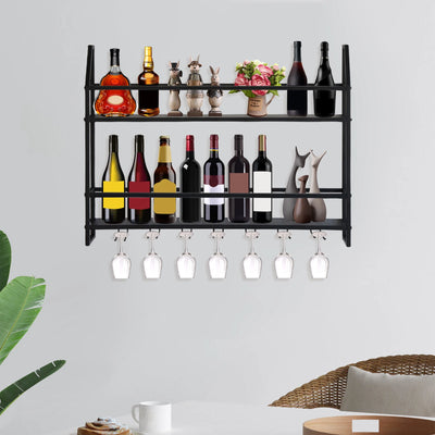 Wall Mounted Wine Rack Glass Holder 12 Bottles 7 Goblet Metal Shelf 2 Layer for Home Bar, 80cm Black - Smarsty