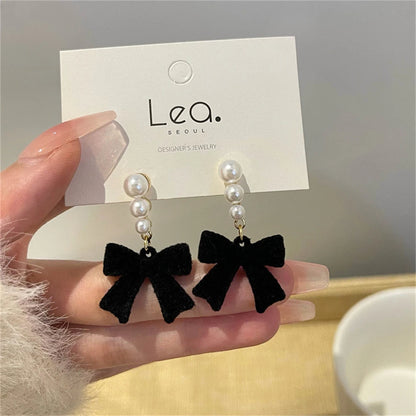 Red Black Bowtie Earrings with Simulated Pearls for Women - Smarsty