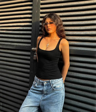 Women Scuplted Square Neck Tank Top - Smarsty