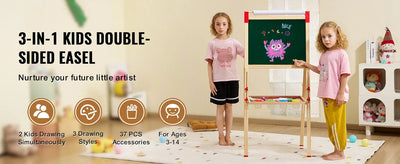 SucceBuy Children Magnetic Drawing Board Wooden Double-Sided Kid's Art Easel with Whiteboard Chalkboard for Girls Gifts Toys