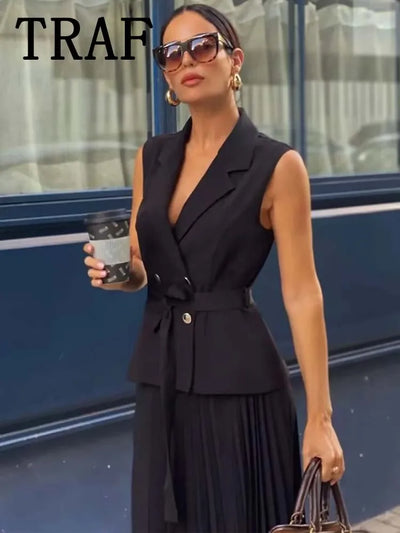 Corset Dress Women Pleated Vests Long Dresses for Women 2024 Sleeveless Office Party Dress Ruched Midi Evening Dresses - Smarsty