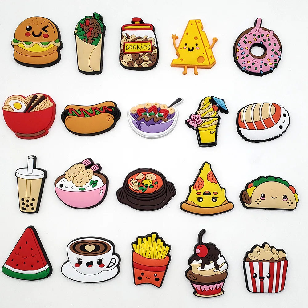 20pcs Food Series Cake Pizza PVC Shoe Charms Accessories Clogs Bubble Slides Sandals Shoe Buckles Decorations Pins Kids Gifts