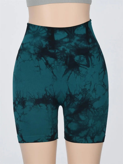 Women's Tie Dye Print Ruched High Waist Sports Shorts, Casual Comfy Breathable Seamless Skinny Shorts for Yoga Gym Workout - Smarsty