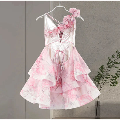 Backless Party Dress Women Elegant 3D Flower Print Sling Lace Up Ruffle A-line Mini Evening Dresses Female 2025 Summer Swimwears - Smarsty