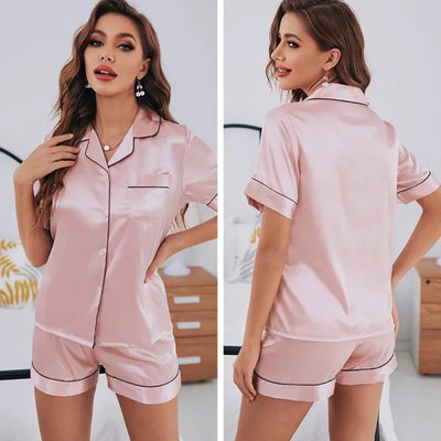 Summer Pijamas Sets Women Sleepwear Silk Satin Button-Down Short Sleeve Tops and Shorts Two-piece Loungewear - Smarsty