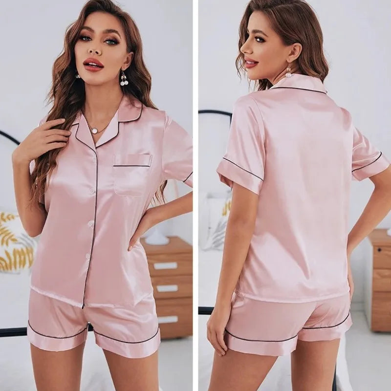 Summer Pijamas Sets Women Sleepwear Silk Satin Button-Down Short Sleeve Tops and Shorts Two-piece Loungewear - Smarsty