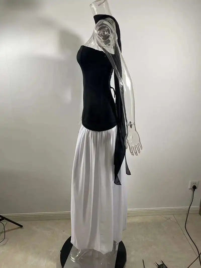 Mozision Strapless Off-shoulder Sexy Maxi Dress For Women Gown Patchwork Scarf Collar Thigh High Split Club Party Long Dress - Smarsty
