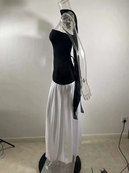 Mozision Strapless Off-shoulder Sexy Maxi Dress For Women Gown Patchwork Scarf Collar Thigh High Split Club Party Long Dress