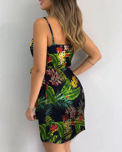 Women's Sexy V-Neck Spaghetti Strap Bodycon Dress, Slim Fit Party Dress with Waist Belt, Summer Cocktail Dress - Smarsty