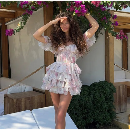 Sexy Flare Sleeve V Neck Printed Mini Dress Fashion Pleated A-line High Waist Gown New Lady Summer Evening Party Club Vestidos
