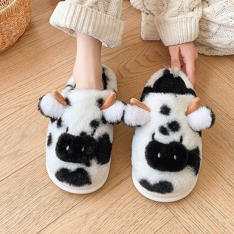 Casual Fluffy Slippers Women House Cute Cartoon Cow Designer Shoes Girl Flat Fashion Elegant Plush Winter Platform Footwear Home - Smarsty