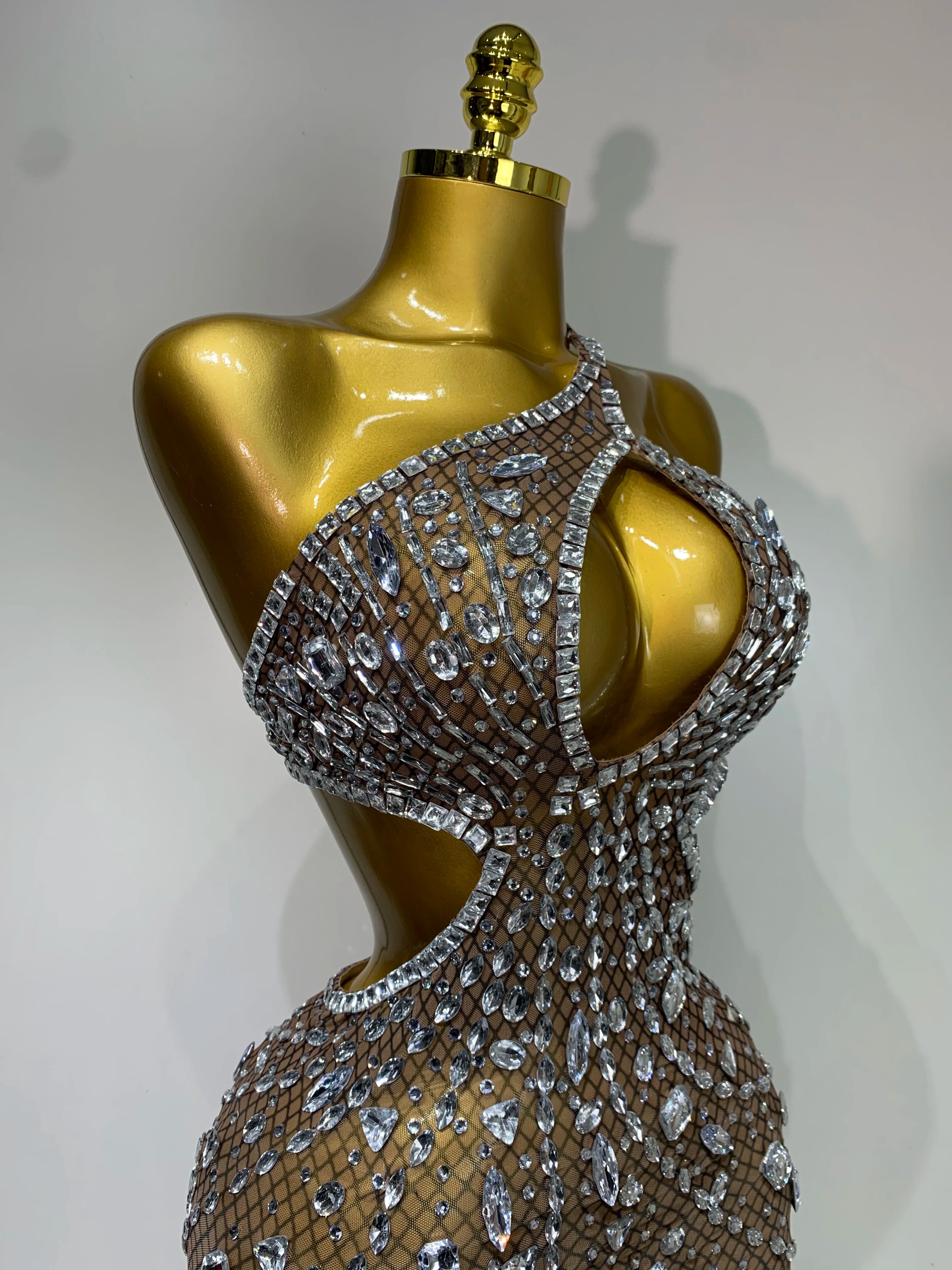 Sexy Sparkly Diamond Backless Short Dress 2025 Women Sleeveless Mesh See Through Evening Birthday Gown Singer Stage Outfit - Smarsty