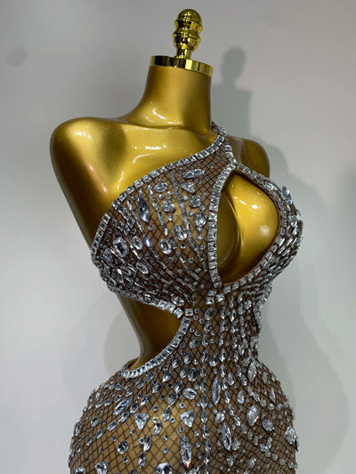 Sexy Sparkly Diamond Backless Short Dress 2025 Women Sleeveless Mesh See Through Evening Birthday Gown Singer Stage Outfit - Smarsty