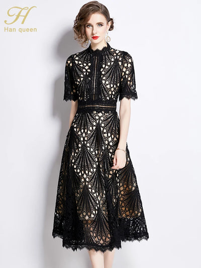 H Han Queen Spring New Elegant Casual Work Party Dresses Floral Crochet Hollow Out Lace Patchwork Casual Office Midi Dress - Smarsty