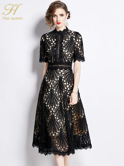H Han Queen Spring New Elegant Casual Work Party Dresses Floral Crochet Hollow Out Lace Patchwork Casual Office Midi Dress - Smarsty
