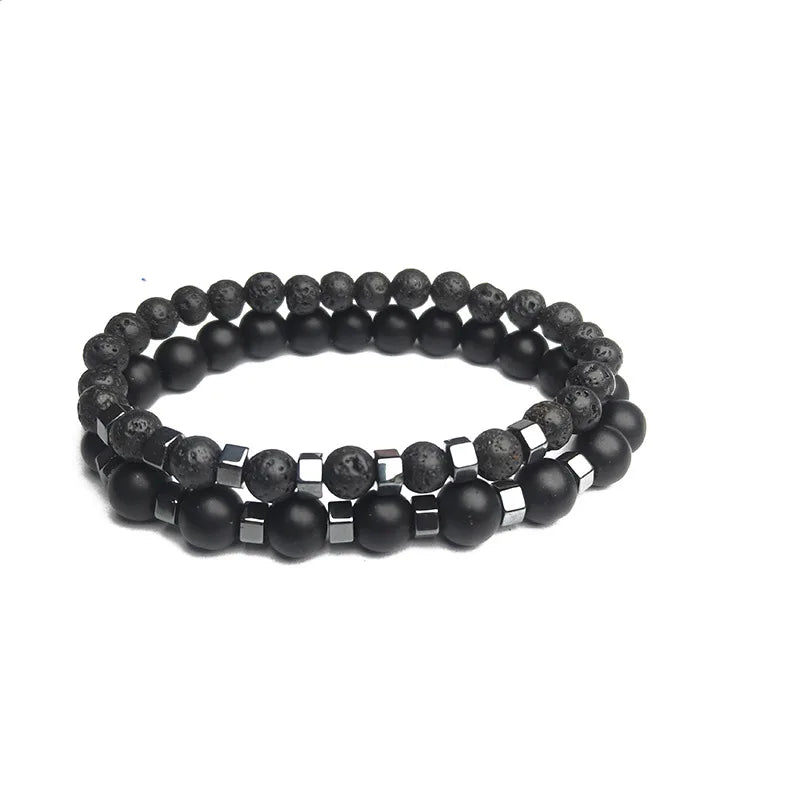 Frosted Black Volcanic Stone Men's Bracelet Set - Smarsty