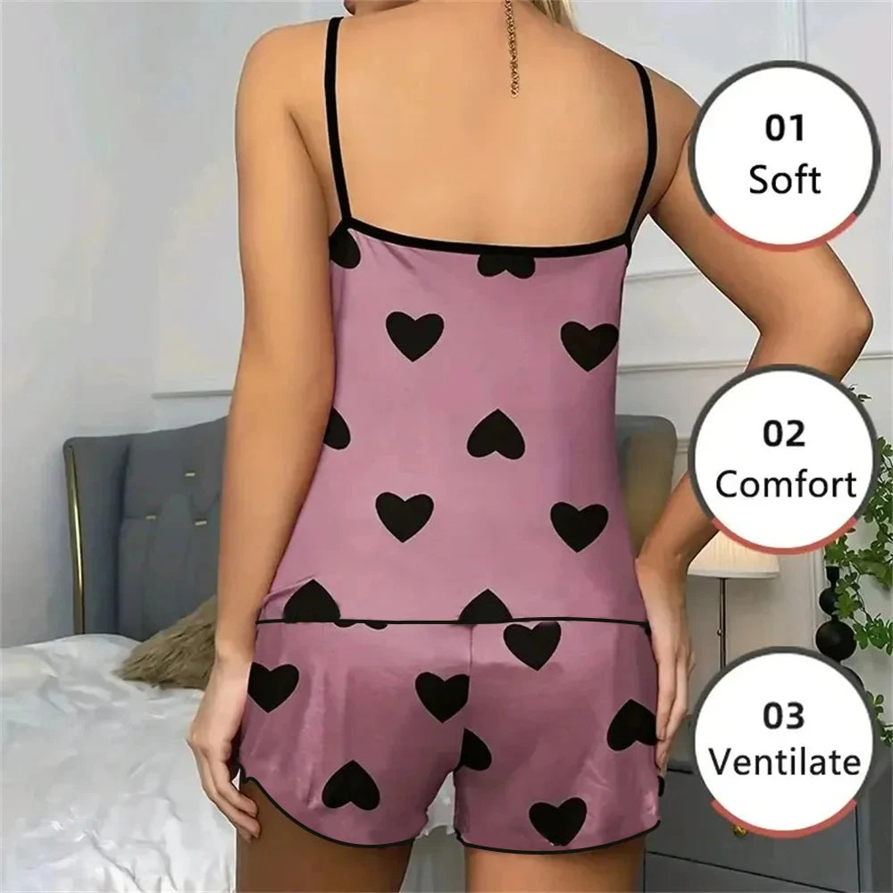 Women's Pajama Set Pajamas T-Shirts Shorts Pink Heart-Shaped Print Round Neck T-Shirt Ice Silk Top Comfortable Casual Summer ﻿ - Smarsty