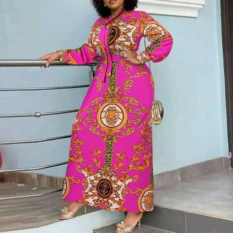 VONDA Maxi Dress 2024 Summer Women Bohemian Printed Party Sundress Long Sleeve Stand Collar Casual Robe Holiday Vestidos Belted - Smarsty