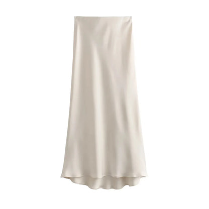 Women 2025 Satin Black Skirt Women High Waist Long Skirts for Women Summer White Midi Skirt Office Elegant Daily Skirts - Smarsty