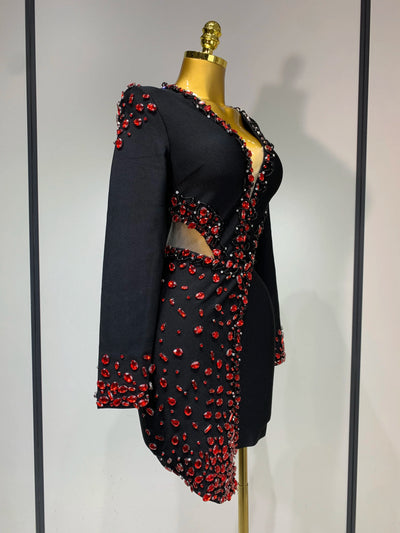 Luxury Birthday Women Celebrity Sexy Long Sleeve V Neck Rhinestone Black Bandage Dress 2025 Elegant Evening Club Party Dresses - Smarsty