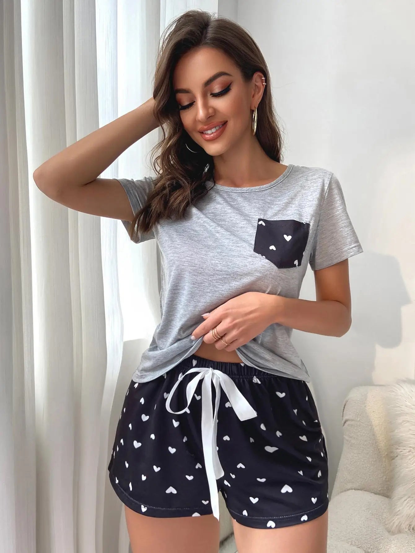Summer Women's Pajamas Set Screw Neck Tee & Shorts Sleepwear 2 Pieces Heart Print Nightwear Elastic Drawstring Homewear Cloth - Smarsty