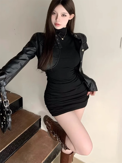 Sexy Tight Half High Collar Pleated Waist Mini Dress Spicy Girls Slim Dresses Bodycon Women Vestidos Cortos Party Mujer Clothing - Smarsty