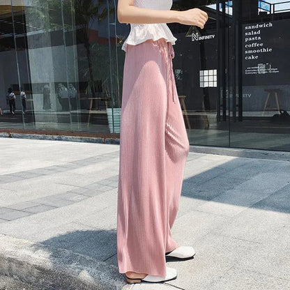Women Fashion Summer Wide Leg Pants Pleated Ice Silk Trousers Elastic Waist Loose Casual Pants - Smarsty