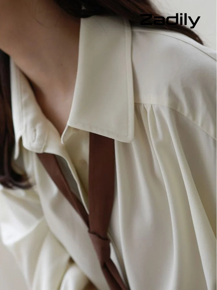 2025 Summer Minimalist Long Sleeve Button Up Shirt Women Korean Style Solid Tie Oversize Shirts Blouse Loose Clothes Autumn Tops - Smarsty