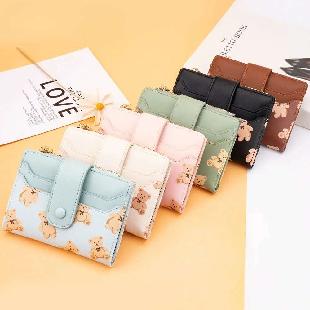 Women Short Wallets PU Leather Female Bifold Purses Cute Bear Card Holder Wallet for Girl Small Zipper Wallet with Coin Purse