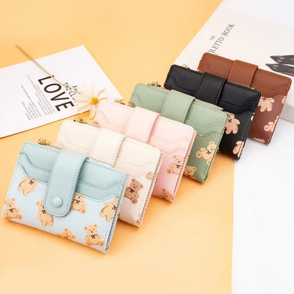 Women Short Wallets PU Leather Female Bifold Purses Cute Bear Card Holder Wallet for Girl Small Zipper Wallet with Coin Purse - Smarsty