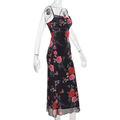 Flowers Print Spaghetti Strap Dresses Women Temperament Package Hip Bodycon Long Dress Fashion Sexy Backless Lady Slim Vestidos