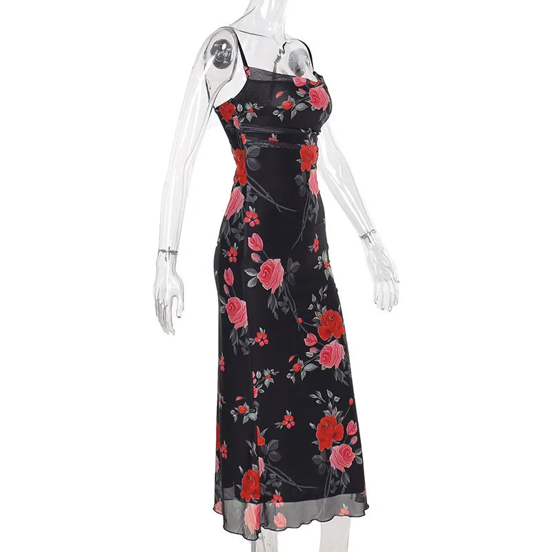 Flowers Print Spaghetti Strap Dresses Women Temperament Package Hip Bodycon Long Dress Fashion Sexy Backless Lady Slim Vestidos