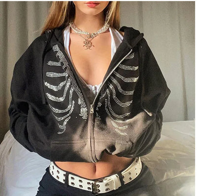 Y2K Rhinestone Skeleton Hoodies Women Gothic Black Zip Up Oversized Sweatshirts Female Retro Harajuku Hooded Jacket Streetwear - Smarsty