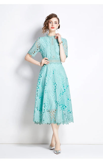 H Han Queen Spring New Elegant Casual Work Party Dresses Floral Crochet Hollow Out Lace Patchwork Casual Office Midi Dress - Smarsty