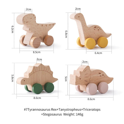 Wooden Baby Car Toys Beech Wooden Dinosaur Cartoon Car Teether Educational Montessori Toys For Children Teething Baby Toys - Smarsty