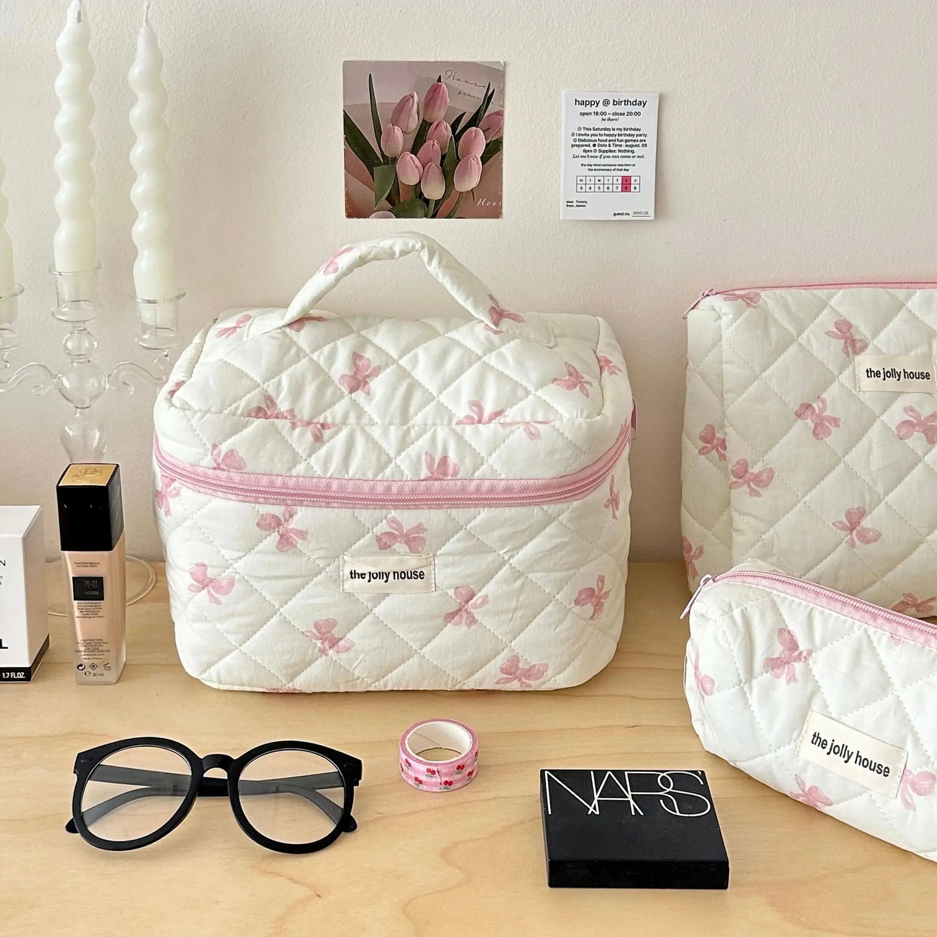 Bow Print Makeup Bag Large Capacity Travel Cosmetic Case - Smarsty