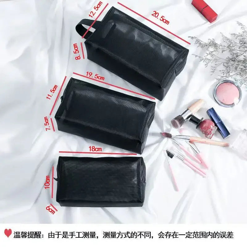 1PC Travel Black Mesh Cosmetic Bag Zipper Makeup Bag For Women Wash Toiletry Bag Makeup Organizer Portable Storage Pouch - Smarsty