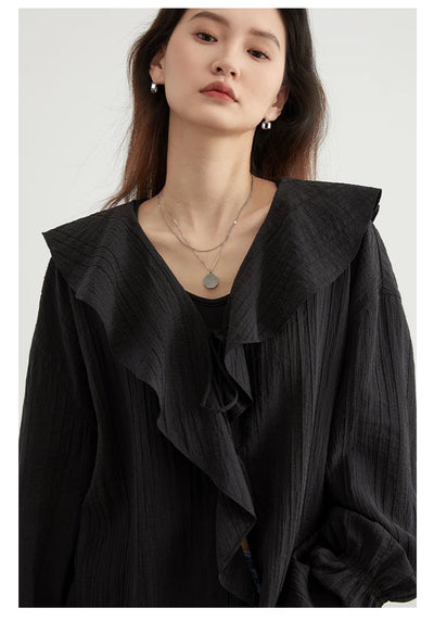 CHIC VEN Women Shirt Loose Casual Ruffled Edges Female Blouses V Neck Lace Up Mid Length Woman Shirts Spring Summer 2024 - Smarsty