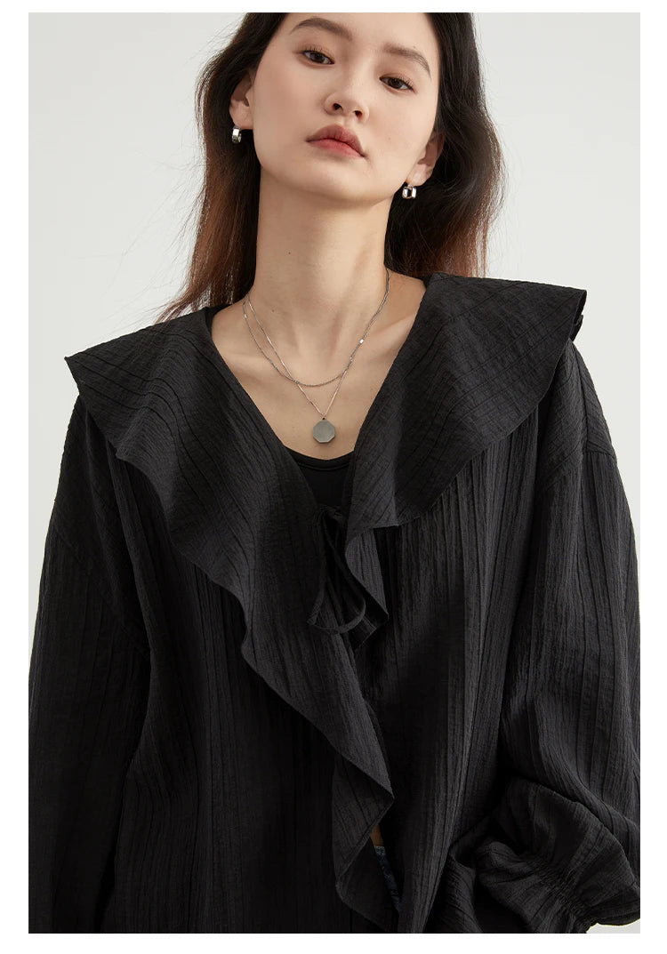 CHIC VEN Women Shirt Loose Casual Ruffled Edges Female Blouses V Neck Lace Up Mid Length Woman Shirts Spring Summer 2024 - Smarsty