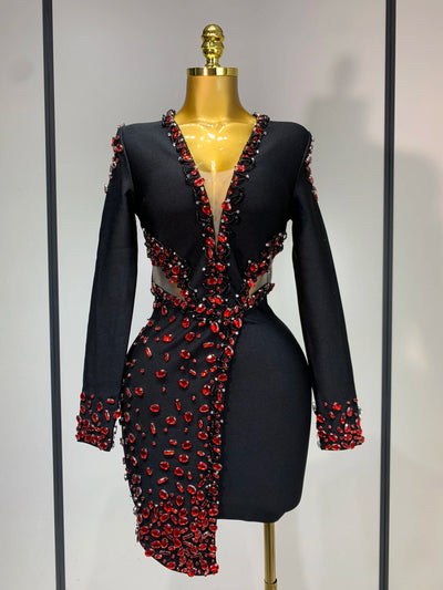 Luxury Birthday Women Celebrity Sexy Long Sleeve V Neck Rhinestone Black Bandage Dress 2025 Elegant Evening Club Party Dresses - Smarsty