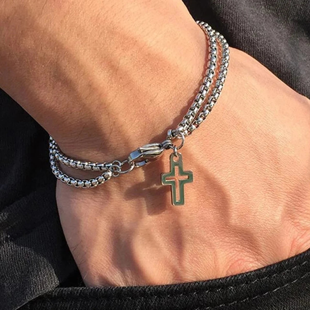 Mens Stainless Steel Double Chain Cross Bracelet Durable Hip Hop Jewelry - Smarsty
