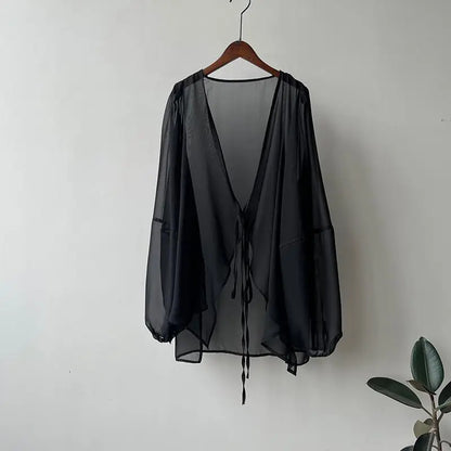 Shirts Women V-neck Loose Long Sleeve Open Stitch Korean Style Lace-up Simple Solid Summer Chiffon Breathable Minimalist Stylish - Smarsty