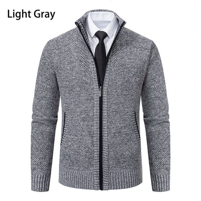 Autumn And Winter New Jersey Men's Casual Sports Coat Solid Color Stand Collar Wweater Grab Fleece Warm Zipper Cardigan - Smarsty