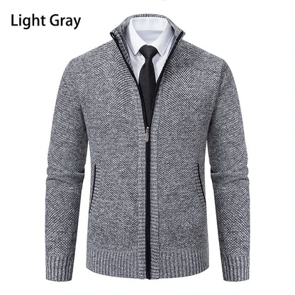 Autumn And Winter New Jersey Men's Casual Sports Coat Solid Color Stand Collar Wweater Grab Fleece Warm Zipper Cardigan - Smarsty