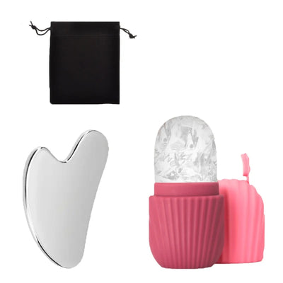 3-piece facial cleansing tool, stainless steel heart-shaped scraping tool, ice facial roller, a flannel bag