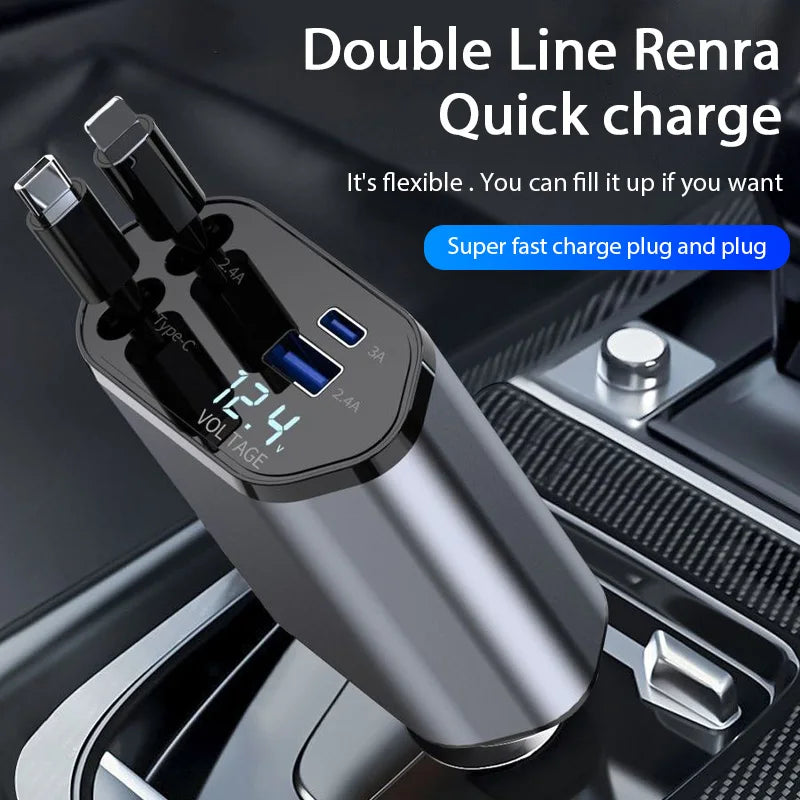 120W Car Charger With Retractable USB Type C Cable - Smarsty