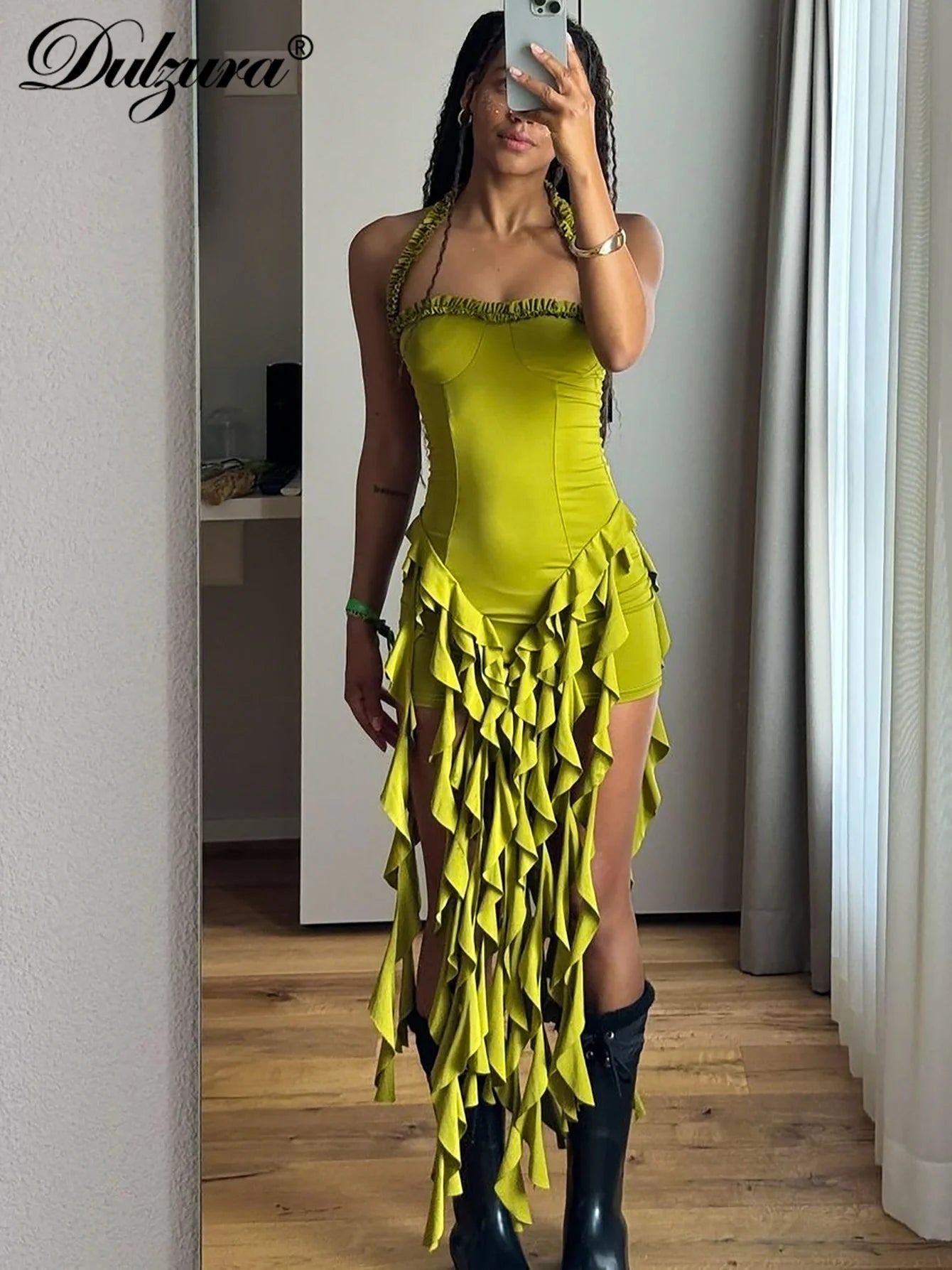 Dulzura Sleeveless Halter Ruffles Patchwork Mini Dress Women’S Solid Sexy Outfit Prom Party Clubwear Autumn Winter Clothes - Smarsty