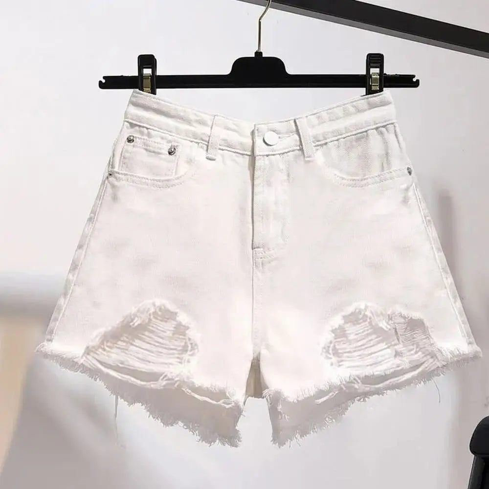 Summer Women's Cowboy Shorts Korean High Waist Casual Denim Shorts Pocket Tassel Perforated Ripped Holes Y2K Girls White Jeans - Smarsty