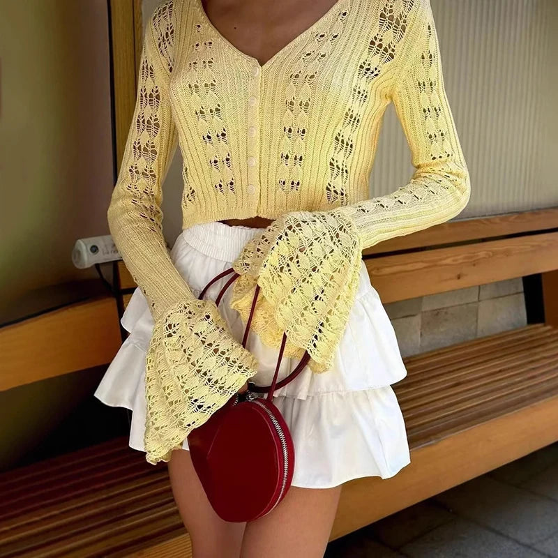 TARUXY Hollow Knitted Cardigan Women's Solid Long Sleeve V Neck Short Sweater Top Summer 2025 New Female Crochet Casual Outwear